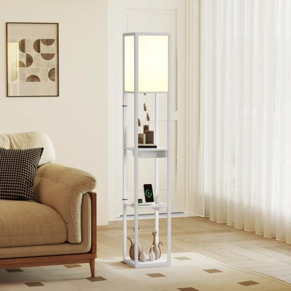 Stehlampe Mit 3 stufigem Regal, Fußschalter, USB Anschlüssen, MDF, Weiß