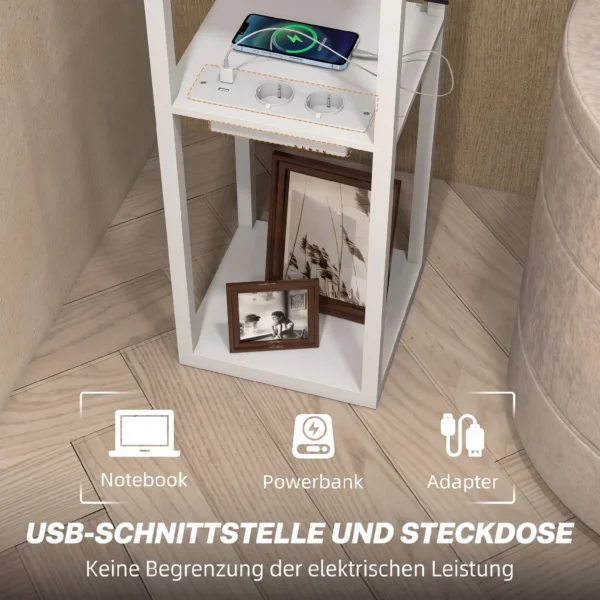 Stehlampe Mit 3 stufigem Regal, Fußschalter, USB Anschlüssen, MDF, Weiß