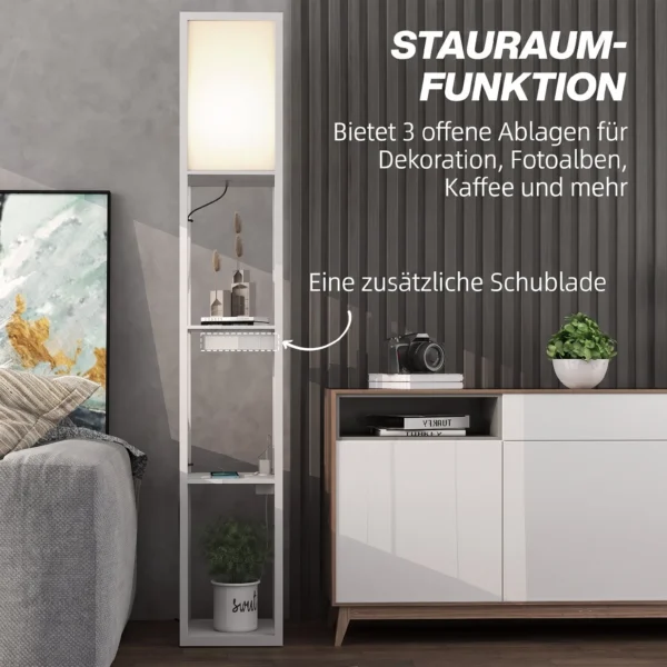 Stehlampe Mit 3 stufigem Regal, Fußschalter, USB Anschlüssen, MDF, Weiß