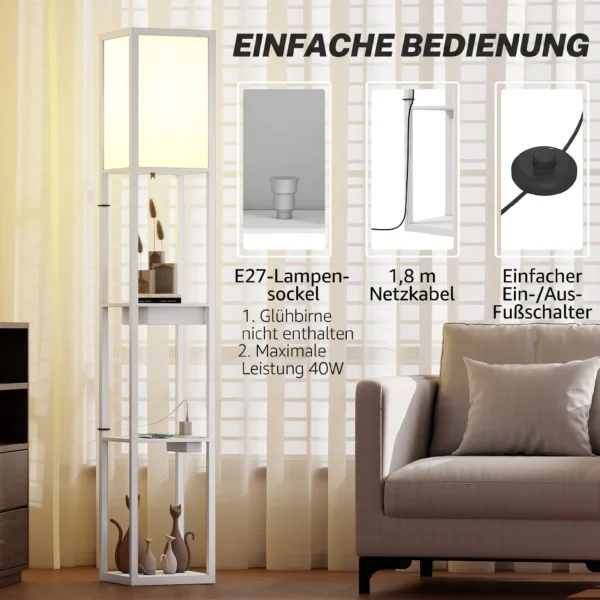 Stehlampe Mit 3 stufigem Regal, Fußschalter, USB Anschlüssen, MDF, Weiß