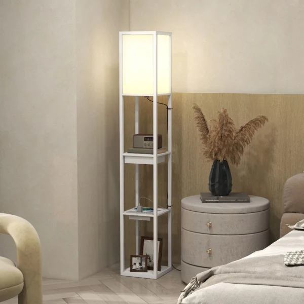 Stehlampe Mit 3 stufigem Regal, Fußschalter, USB Anschlüssen, MDF, Weiß