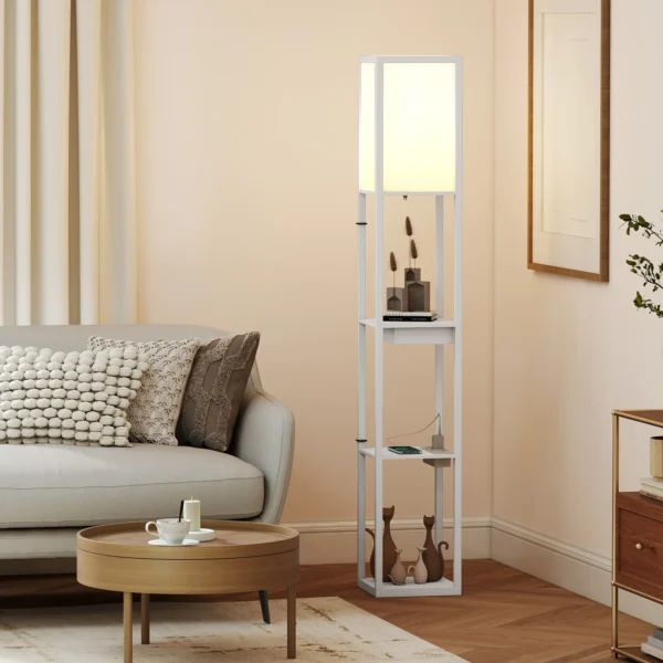 Stehlampe Mit 3 stufigem Regal, Fußschalter, USB Anschlüssen, MDF, Weiß