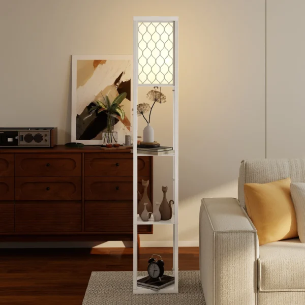 Stehlampe Mit Regal, 3 Fächer, Kompakte Maße, MDF, Weiß