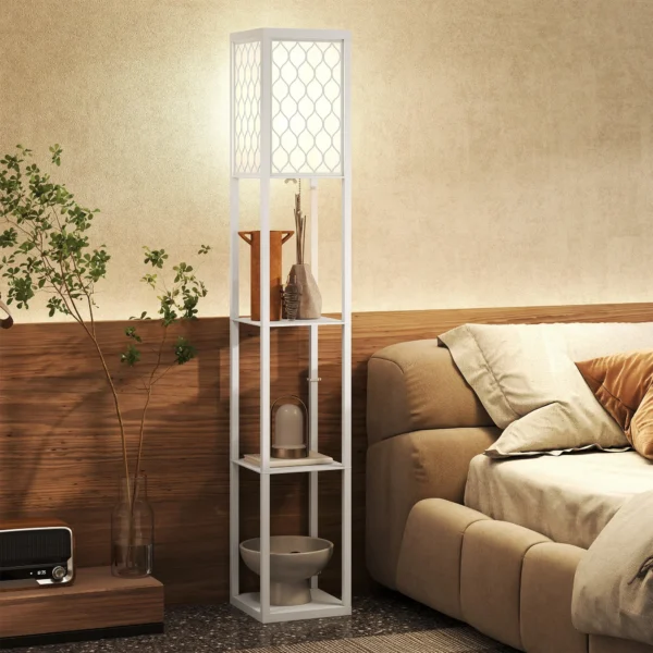 Stehlampe Mit Regal, 3 Fächer, Kompakte Maße, MDF, Weiß