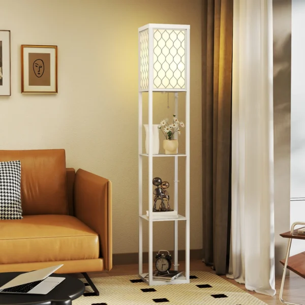 Stehlampe Mit Regal, 3 Fächer, Kompakte Maße, MDF, Weiß