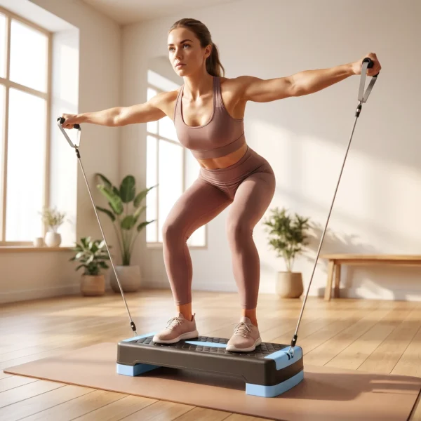 Steppbrett Höhenverstellbar Fitness Aerobic Stepper Mit 2 Stufen (11/16 Cm) 2 Widerstandsbändern, Anti Rutsch Matte Blau
