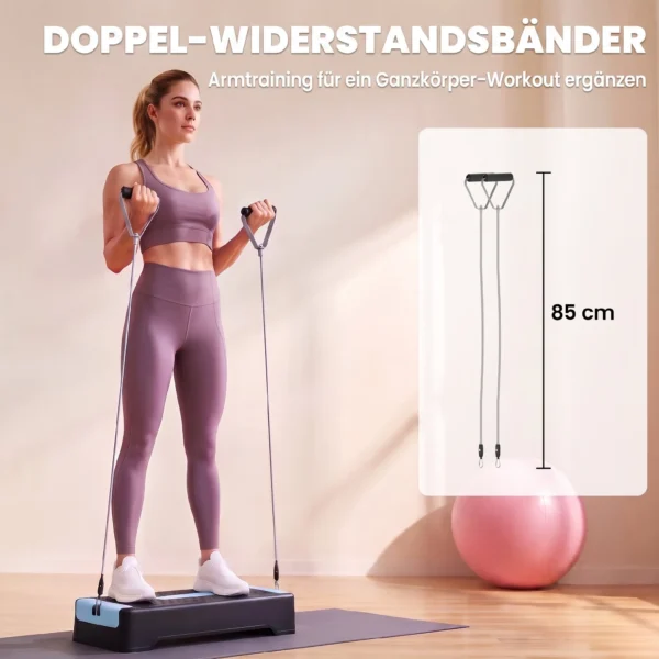 Steppbrett Höhenverstellbar Fitness Aerobic Stepper Mit 2 Stufen (11/16 Cm) 2 Widerstandsbändern, Anti Rutsch Matte Blau