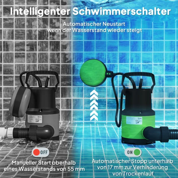 Tauchpumpe Teichpumpe Wasserpumpe Mit Schwimmschalter Springbrunnen 400W 9000L/h 16 X 14 X 27 Cm Grün