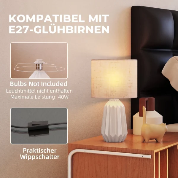 Tischlampe, Tischleuchte, Nachttischlampe Mit Leinenschirm, Wippschalter, Schreibtischlampe, 22 X 22 X 39 Cm, Beige