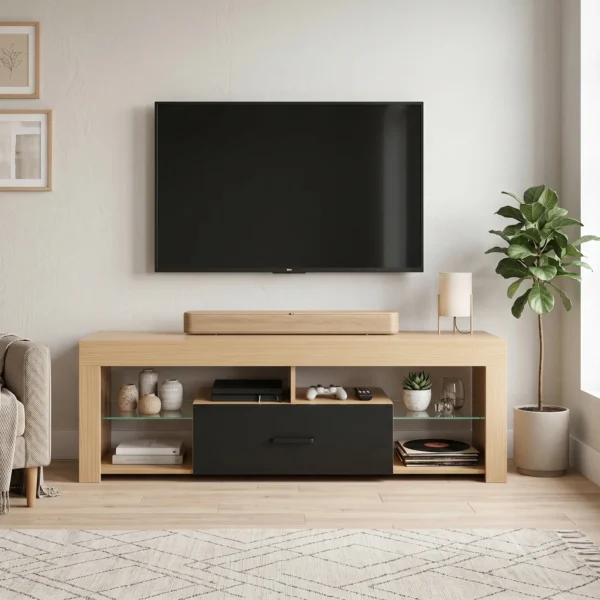 TV Lowboard Für Fernseher Bis 65 Zoll, Moderner TV Schrank Mit Verstellbaren Glasböden, Eiche