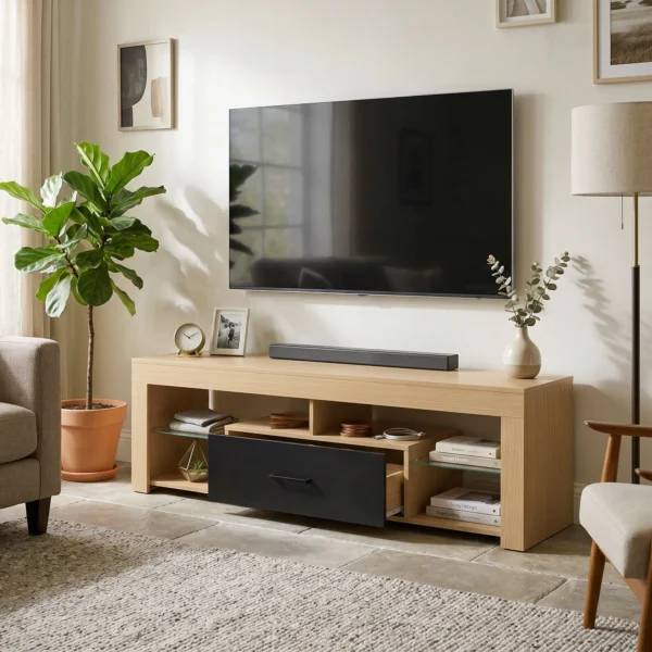 TV Lowboard Für Fernseher Bis 65 Zoll, Moderner TV Schrank Mit Verstellbaren Glasböden, Eiche