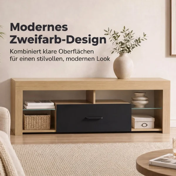 TV Lowboard Für Fernseher Bis 65 Zoll, Moderner TV Schrank Mit Verstellbaren Glasböden, Eiche