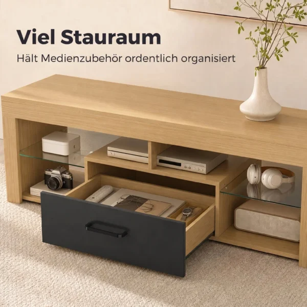 TV Lowboard Für Fernseher Bis 65 Zoll, Moderner TV Schrank Mit Verstellbaren Glasböden, Eiche