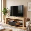 TV Lowboard Für Fernseher Bis 65 Zoll, Moderner TV Schrank Mit Verstellbaren Glasböden, Eiche