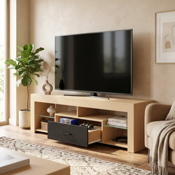 TV Lowboard Für Fernseher Bis 65 Zoll, Moderner TV Schrank Mit Verstellbaren Glasböden, Eiche
