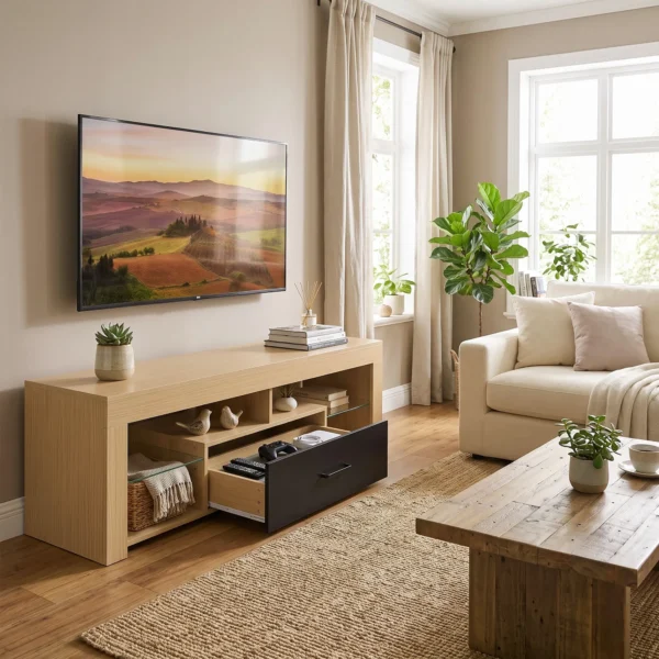 TV Lowboard Für Fernseher Bis 65 Zoll, Moderner TV Schrank Mit Verstellbaren Glasböden, Eiche