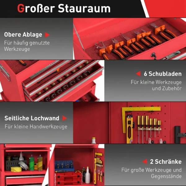 Verrijdbare Gereedschapskast, 6 Laden, 2 Kasten, Staal, Afsluitbaar, Rood