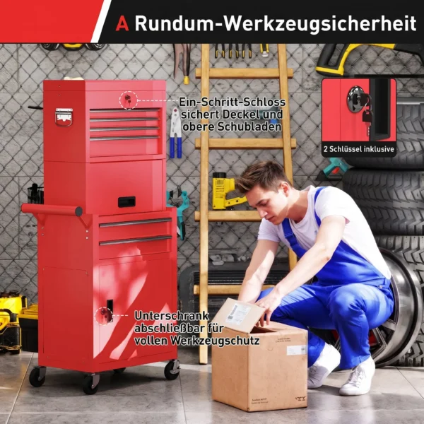 Verrijdbare Gereedschapskast, 6 Laden, 2 Kasten, Staal, Afsluitbaar, Rood