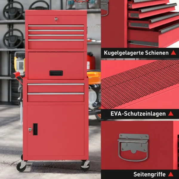 Verrijdbare Gereedschapskast, 6 Laden, 2 Kasten, Staal, Afsluitbaar, Rood