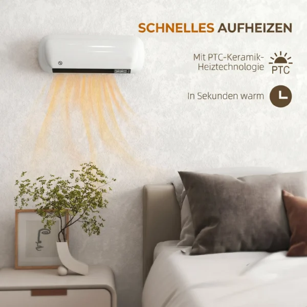 Wand Heizlüfter 2000W Keramik Wandheizgerät Mit Ventilator, 2 Leistungsstufen, LED Display, Thermostat, Weiß