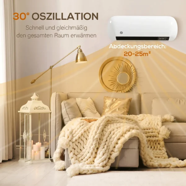 Wand Heizlüfter 2000W Keramik Wandheizgerät Mit Ventilator, 2 Leistungsstufen, LED Display, Thermostat, Weiß