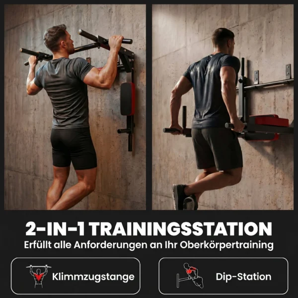 Wand Klimmzugstange, 2 in 1 Profi Klimmzug Und Dipstation Für Das Heimtraining, Bis 200 Kg, Rot