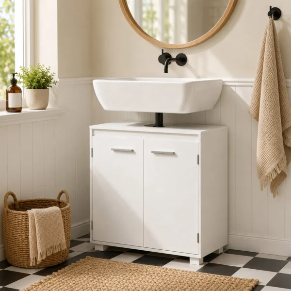 Waschbeckenunterschrank, Modernes Freistehendes Badmöbel Mit U förmiger Aussparung, Verstellbarem Regal, Weiß