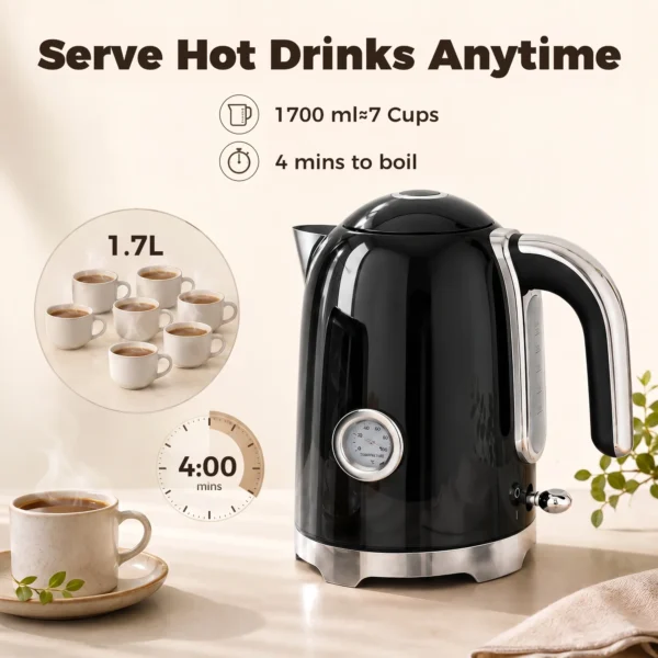 Wasserkocher Und Toaster Set Mit Thermometer, 1,7 L, 2200 W Wasserkocher, 2 Scheiben Toaster Mit 7 Bräunungsstufen