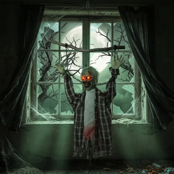 110 Cm Animierte Hängende Halloween Deko, Schreiender Zombie, Sound & Berührungsaktivierung, Rote LED Augen