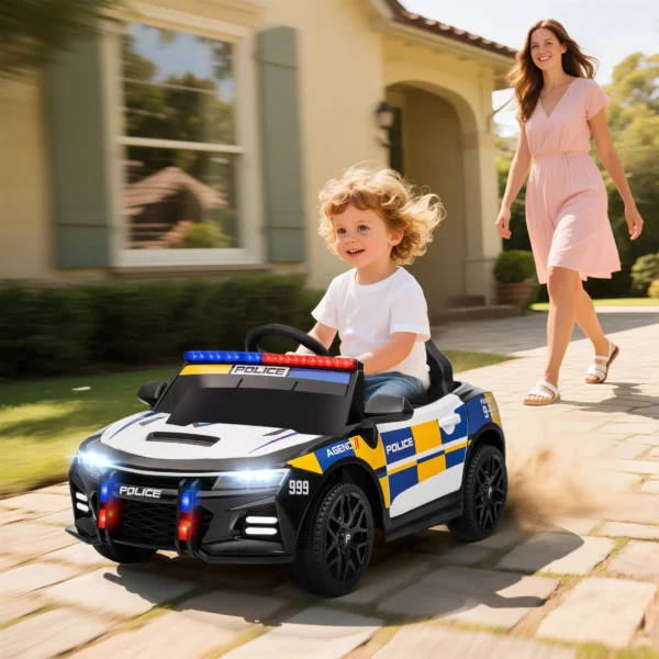 12V Kinder Elektroauto Polizei Polizeiauto Mit Fernbedienung Sirene Warnlicht Musik & Hupe Doppelmotoren Federung Weiß
