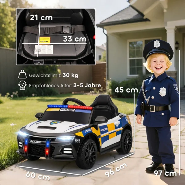 12V Kinder Elektroauto Polizei Polizeiauto Mit Fernbedienung Sirene Warnlicht Musik & Hupe Doppelmotoren Federung Weiß