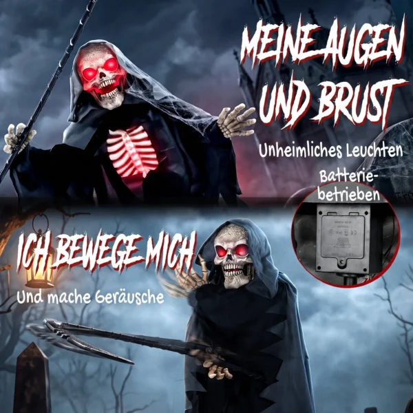 170 Cm Halloween Animierte Sensenmann Deko Mit Sound Und Berührungsaktivierung, Leuchtenden Augen Und Brustkorb