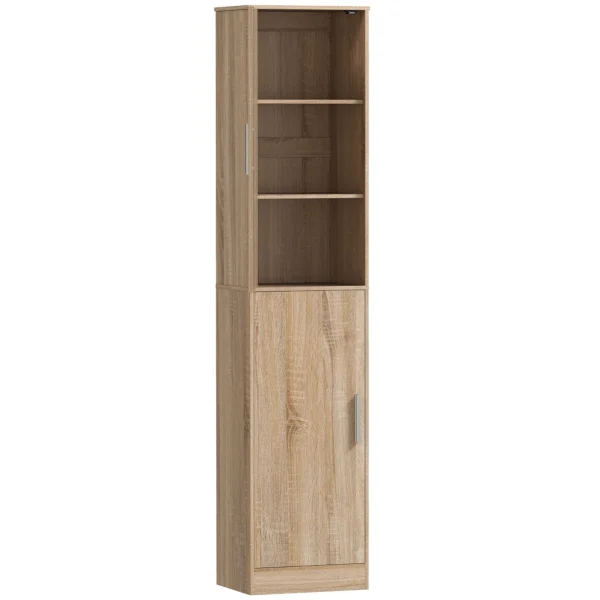 180 Cm Hoge Badkamerkast, Smalle Badkamerkast Met 2 Deuren, 4 Verstelbare Planken, Spaanplaat, MDF, Natuurhout