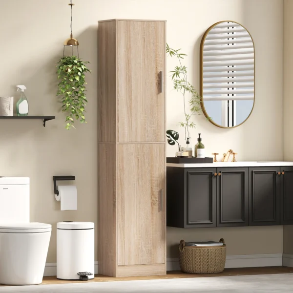 180 Cm Hoge Badkamerkast, Smalle Badkamerkast Met 2 Deuren, 4 Verstelbare Planken, Spaanplaat, MDF, Natuurhout