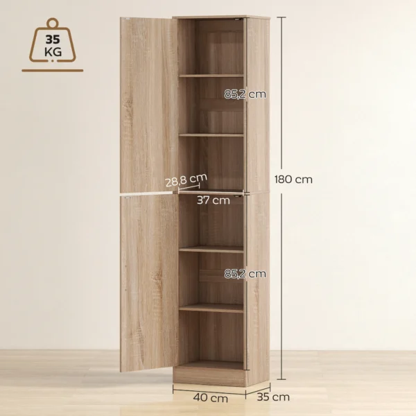 180 Cm Hoge Badkamerkast, Smalle Badkamerkast Met 2 Deuren, 4 Verstelbare Planken, Spaanplaat, MDF, Natuurhout
