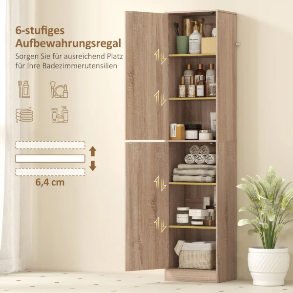180 Cm Hoge Badkamerkast, Smalle Badkamerkast Met 2 Deuren, 4 Verstelbare Planken, Spaanplaat, MDF, Natuurhout