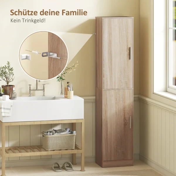 180 Cm Hoge Badkamerkast, Smalle Badkamerkast Met 2 Deuren, 4 Verstelbare Planken, Spaanplaat, MDF, Natuurhout