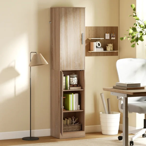 180 Cm Hoge Badkamerkast, Smalle Badkamerkast Met 2 Deuren, 4 Verstelbare Planken, Spaanplaat, MDF, Natuurhout