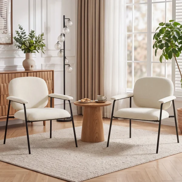 2 delige Set Woonkamerstoelen Van Chenille Met Gevormde Rugleuning, Metalen Frame, Crème