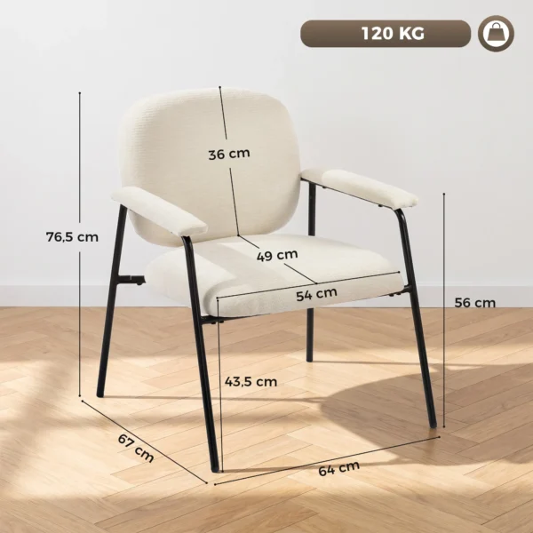 2 delige Set Woonkamerstoelen Van Chenille Met Gevormde Rugleuning, Metalen Frame, Crème