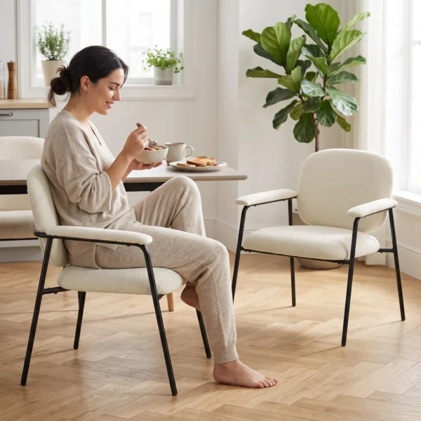 2 delige Set Woonkamerstoelen Van Chenille Met Gevormde Rugleuning, Metalen Frame, Crème