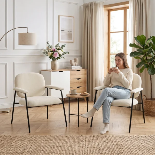 2 delige Set Woonkamerstoelen Van Chenille Met Gevormde Rugleuning, Metalen Frame, Crème