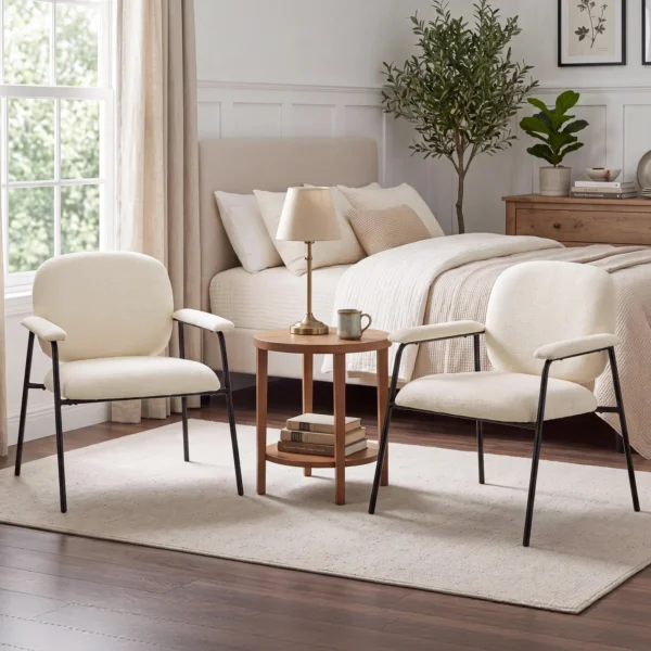 2 delige Set Woonkamerstoelen Van Chenille Met Gevormde Rugleuning, Metalen Frame, Crème