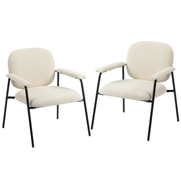 2 delige Set Woonkamerstoelen Van Chenille Met Gevormde Rugleuning, Metalen Frame, Crème