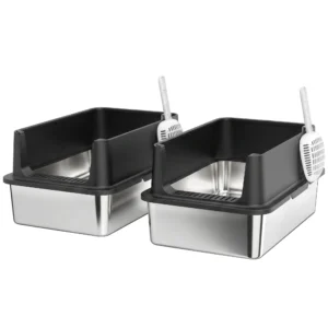 2 delige Set XL Roestvrijstalen Kattenbak Met Hoge Rand Deksel 60x40x30cm Halfopen Met 2 Scheppen, Voor Grote Katten Tot 8 Kg