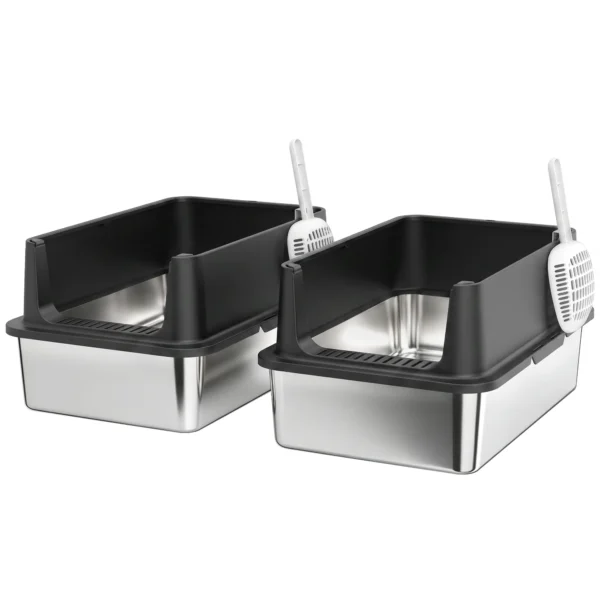 2 delige Set XL Roestvrijstalen Kattenbak Met Hoge Rand Deksel 60x40x30cm Halfopen Met 2 Scheppen, Voor Grote Katten Tot 8 Kg