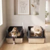 2 delige Set XL Roestvrijstalen Kattenbak Met Hoge Rand Deksel 60x40x30cm Halfopen Met 2 Scheppen, Voor Grote Katten Tot 8 Kg