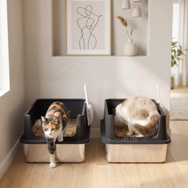 2 delige Set XL Roestvrijstalen Kattenbak Met Hoge Rand Deksel 60x40x30cm Halfopen Met 2 Scheppen, Voor Grote Katten Tot 8 Kg