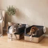 2 delige Set XL Roestvrijstalen Kattenbak Met Hoge Rand Deksel 60x40x30cm Halfopen Met 2 Scheppen, Voor Grote Katten Tot 8 Kg