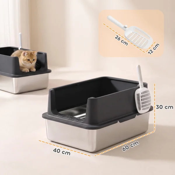 2 delige Set XL Roestvrijstalen Kattenbak Met Hoge Rand Deksel 60x40x30cm Halfopen Met 2 Scheppen, Voor Grote Katten Tot 8 Kg